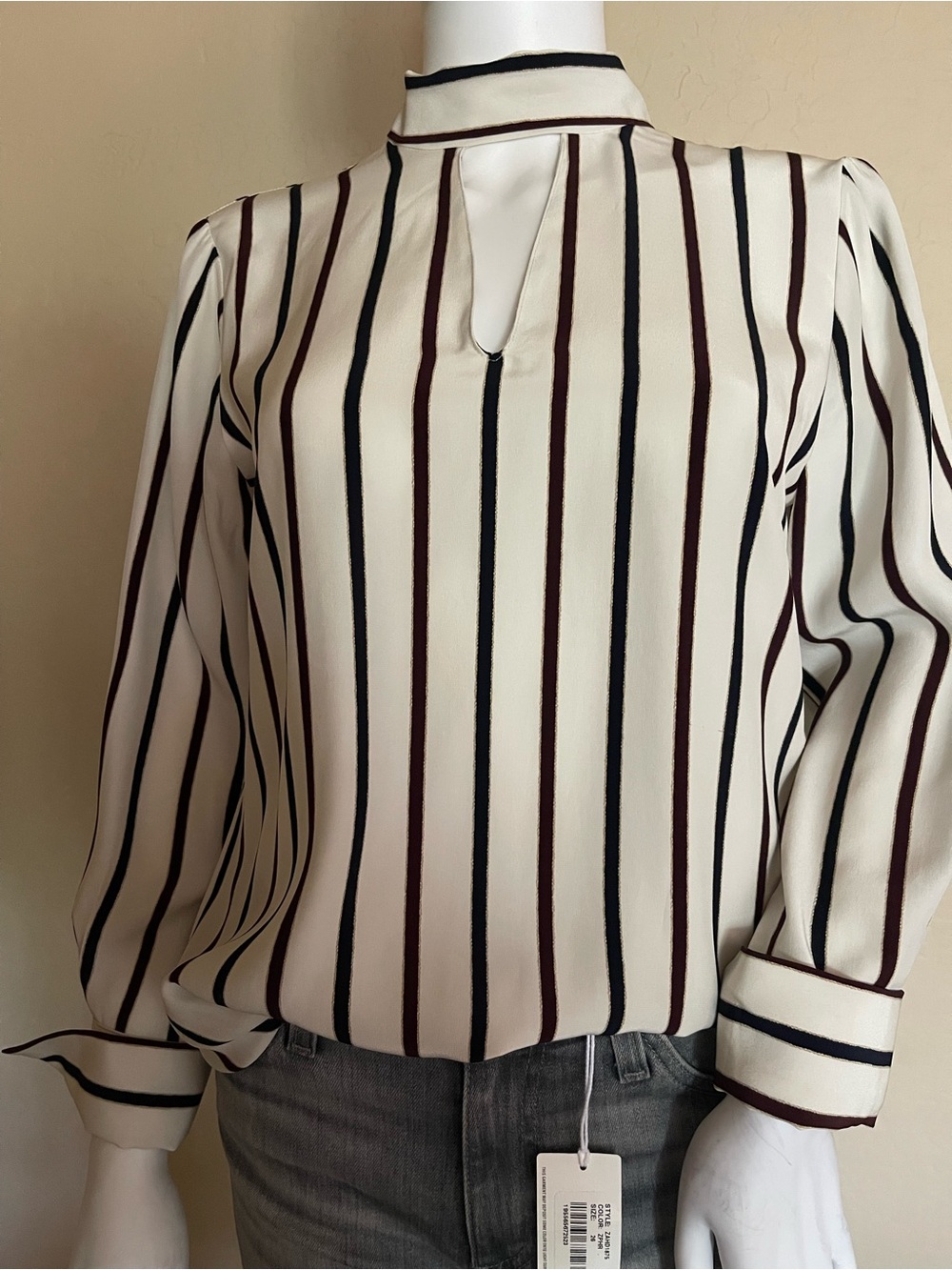 Worth New York Silk Stripe Tie Neck Blouse Cream Burgundy Navy P Top